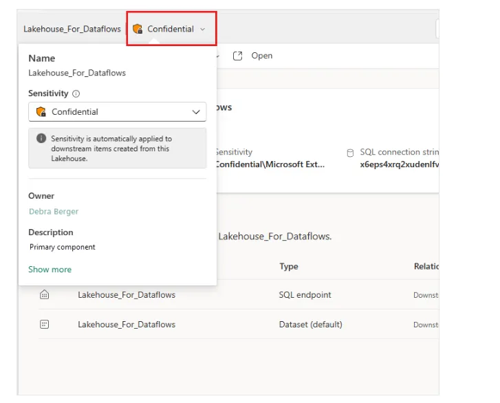 Screenshot of a lakehouse header with the Confidential sensitivity indication selected, opening a flyout showing the Sensitivity dropdown set to Confidential and a note that sensitivity is automatically applied to downstream items created from this lakehouse.