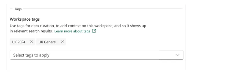 Screenshot of the Workspace tags setting with the tags UK 2024 and UK General applied and a ‘Select tags to apply’ dropdown.