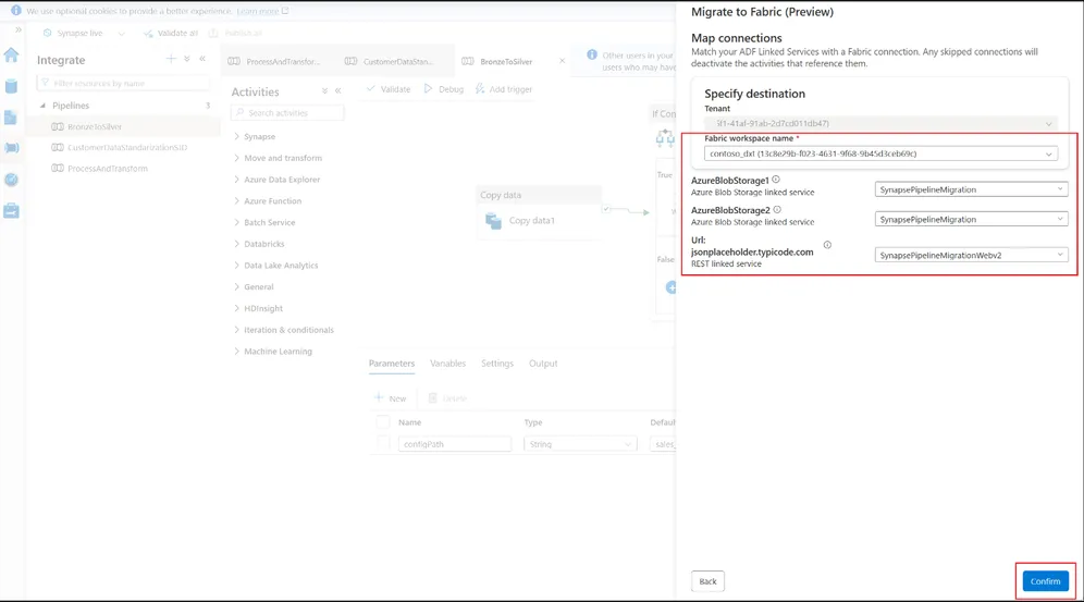 Screenshot of the Migrate to Fabric (Preview) pane’s Map connections step, with the destination Fabric workspace selected and two Azure Blob Storage linked services and one REST linked service each mapped to a Fabric connection, and the Confirm button highlighted.
