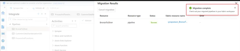Screenshot of the Migration Results pane showing the BronzeToSilver pipeline with a Success status and its Fabric resource name, alongside a “Migration complete” notification.